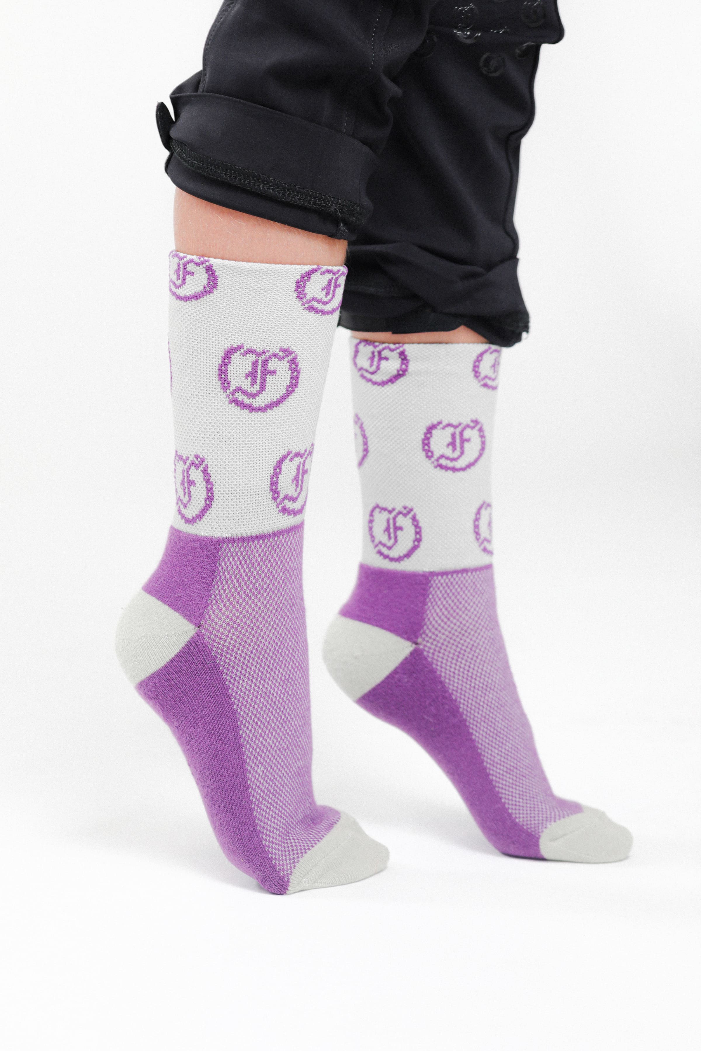 Tous les Jours Kids' Jodhpur Socks, Two-Tone Purple and Grey with Repeating Purple Freedman's Logo, Worn on Feet