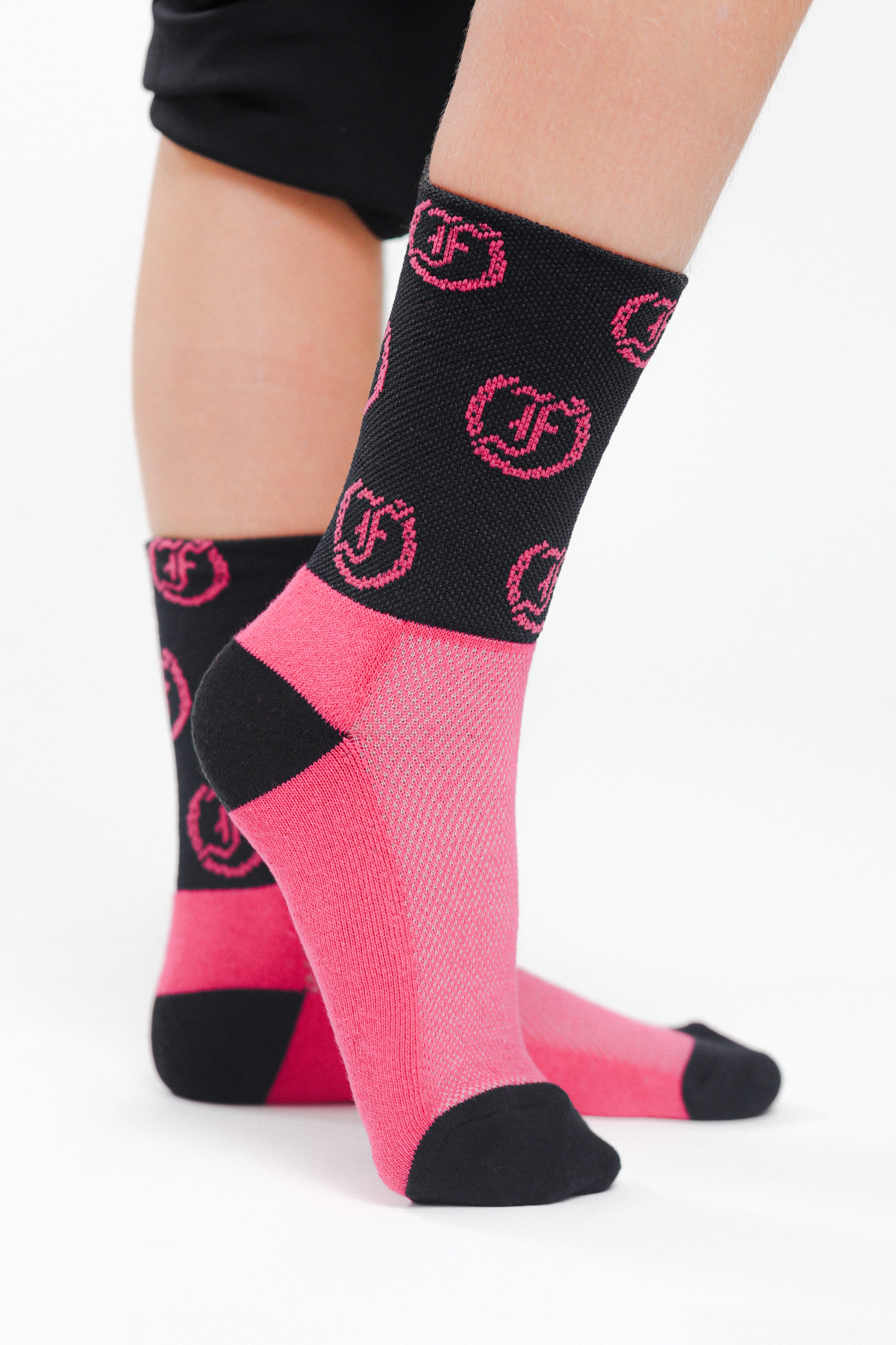 Tous les Jours Kids' Jodhpur Socks, Two-Tone Pink and Black with Repeating Pink Freedman's Logo, Worn on Feet