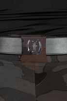 Stylish Tous les Jours Jods - Burgundy Camo by Freedman's – sleek, comfortable, and perfect for equestrian fashion. Close up Freedman's logo on the belt.