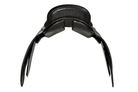 Rear view of a black leather Victory Pass HP Cutback Saddle showcasing its distinctive cutback design for enhanced shoulder freedom, with stirrups hanging down against a clean white background.