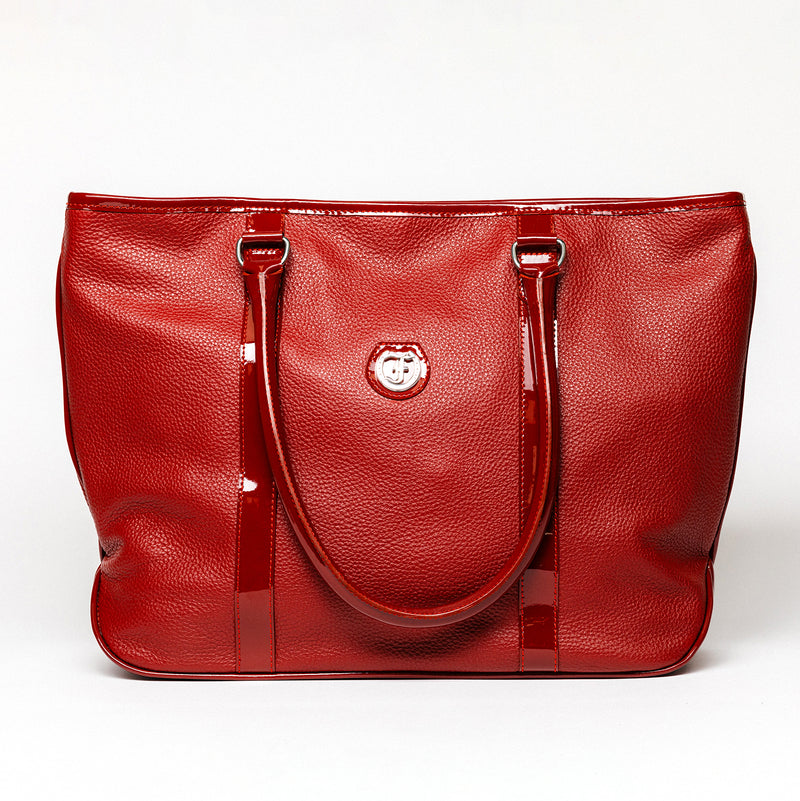 Freedman's Victoria Tote, bright red textured leather, high gloss patent leather handles, silver circular logo on front, light contrast stitching, light background.