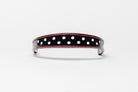 Wide Tapered 13" Turned Edge Browband, Burgundy with white polka dots, glossy finished patent leather, dark leather ends with gold button detail, shown on white background.