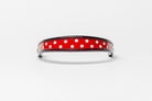 Wide Tapered 13" Turned Edge Browband, red with white polka dots, glossy finished patent leather, dark leather ends with gold button detail, shown on white background.