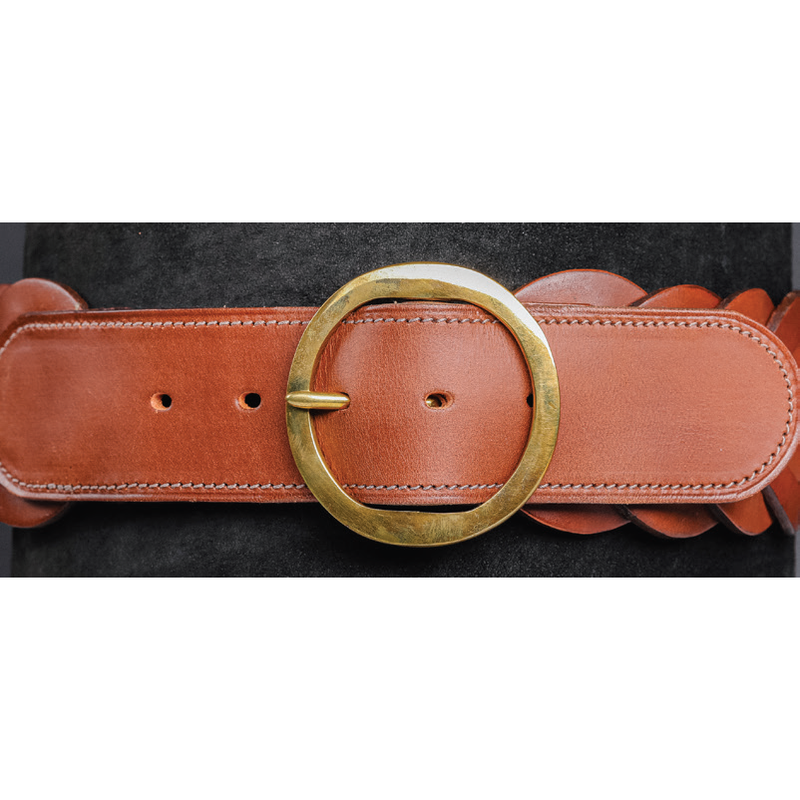 Brown Leather Belt featuring a Large Gold-Tone Ring Buckle and decorative scalloped edges