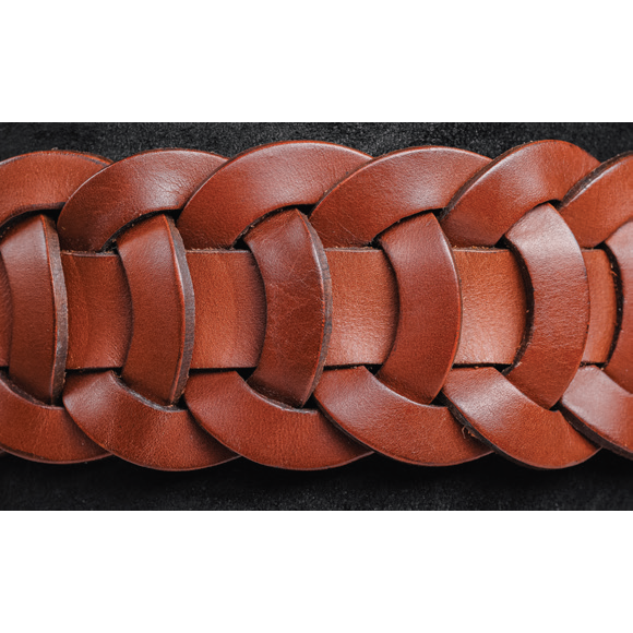 Close-up of a Braided Brown Leather Belt showing the intricate woven design.