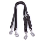 ACTraining Adjustable Side Reins with Snap Ends, designed for training horses, made of brown leather with multiple adjustment points and snap closures, laid flat on a white background.