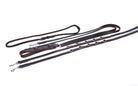 ACTraining 5 Position German Martingale, designed for training horses, made of brown leather with multiple adjustment points, brass hardware, and a braided section, laid flat on a white background.