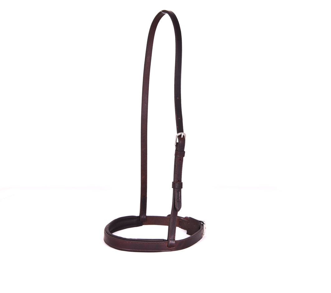 Brown leather padded caveson with buckles, isolated on a white background.