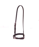 Close-up of an ACTraining Padded Draw Tight Caveson component, showing brown leather construction, buckles, stitching, and padding details, isolated on a white background.