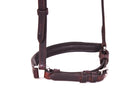 Detail of a padded brown leather strap from horse equipment, highlighting the soft padding, the adjustable buckles, and the quality of the leather craftsmanship.