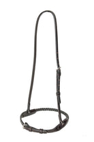 Adjustable Rope Caveson, designed for training horses, made of braided rope with adjustable leather straps and a metal buckle, shown against a split white and dark background.
