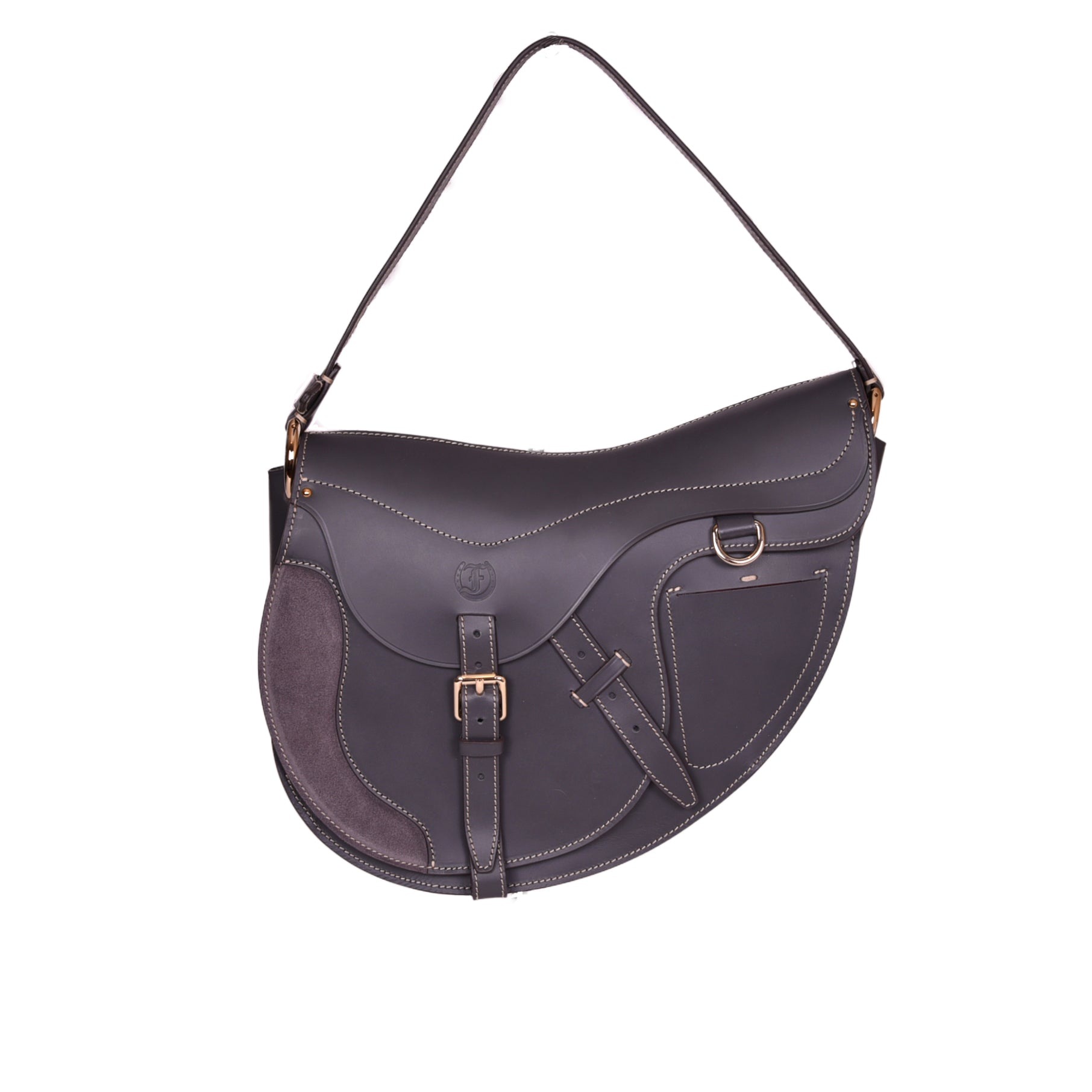 Freedman’s Burghley Shoulder Bag in brown leather, featuring gold finished hardware, a distinctive saddle-inspired silhouette, and an adjustable shoulder strap, on a white background. 