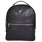 Freedman's Jaunty Backpack, black textured leather, silver circular logo on top, front zippered pocket with silver zipper, dual zippers on main compartment, top handle, white background.