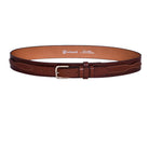 Close-up of Freedman's Croco Ranger Belt: Detailed Crocodile Embossing and nickel Buckle on Brown Leather