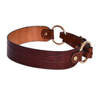 Close-up of Freedman's Croco Ring Belt: Detailed Crocodile Embossing and Unique Double Ring Buckle on Brown Leather