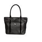 reedman's Victoria Tote, Black  textured leather, high gloss patent leather handles, silver circular logo on front, light contrast stitching, light background.
