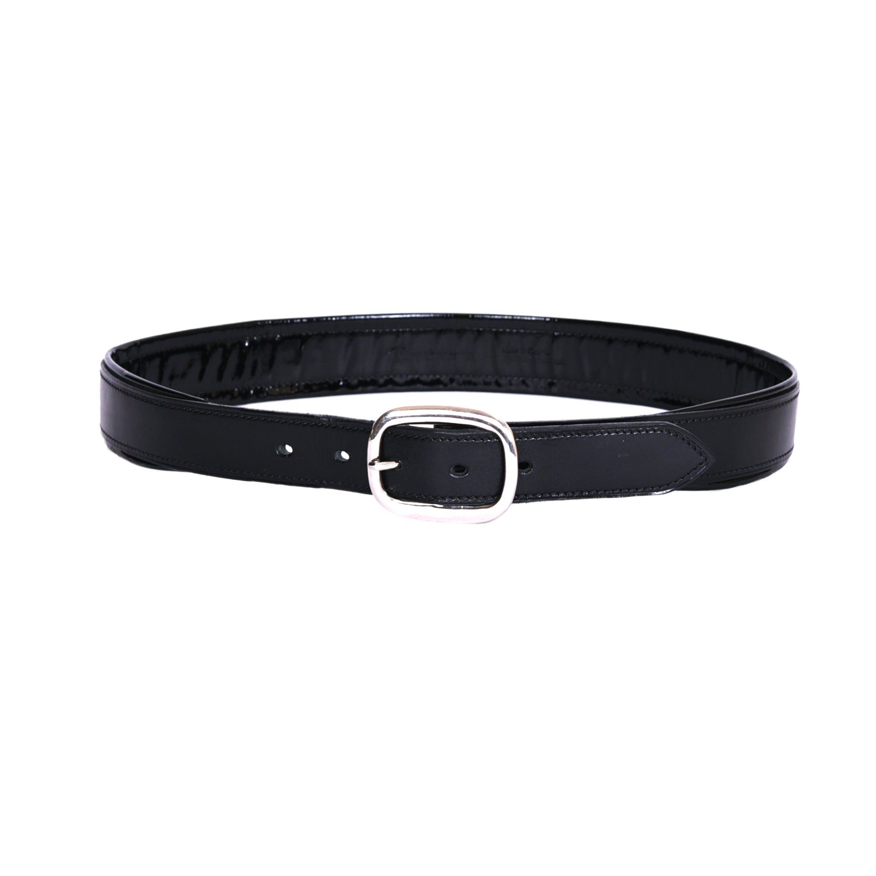 Black patent leather Padded Caveson Belt 1 1/2" with silver buckle.
