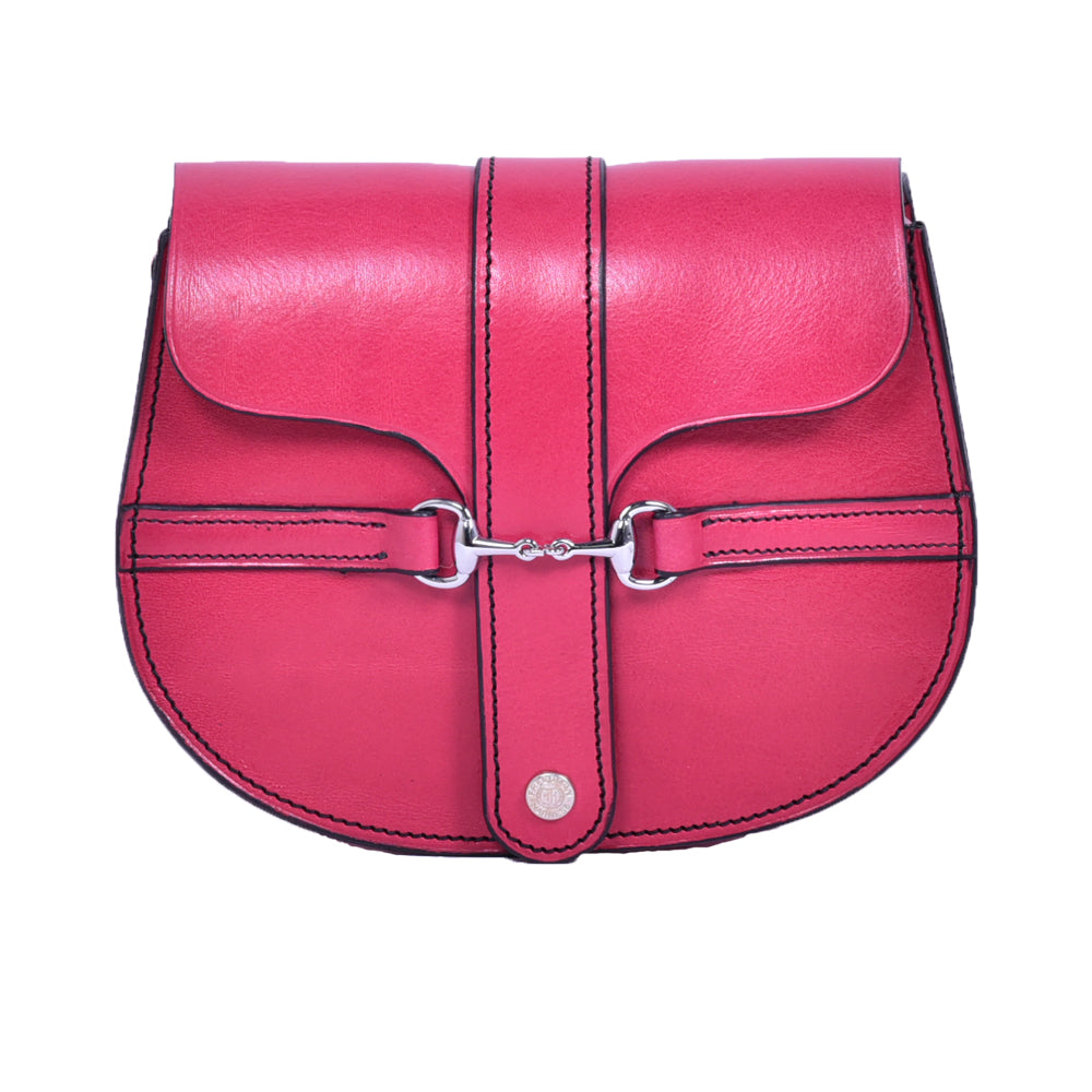 Pink leather Small Snaffle Bit Shoulder Bag by Freedman's with gold snaffle bit hardware, displayed on a white background.


