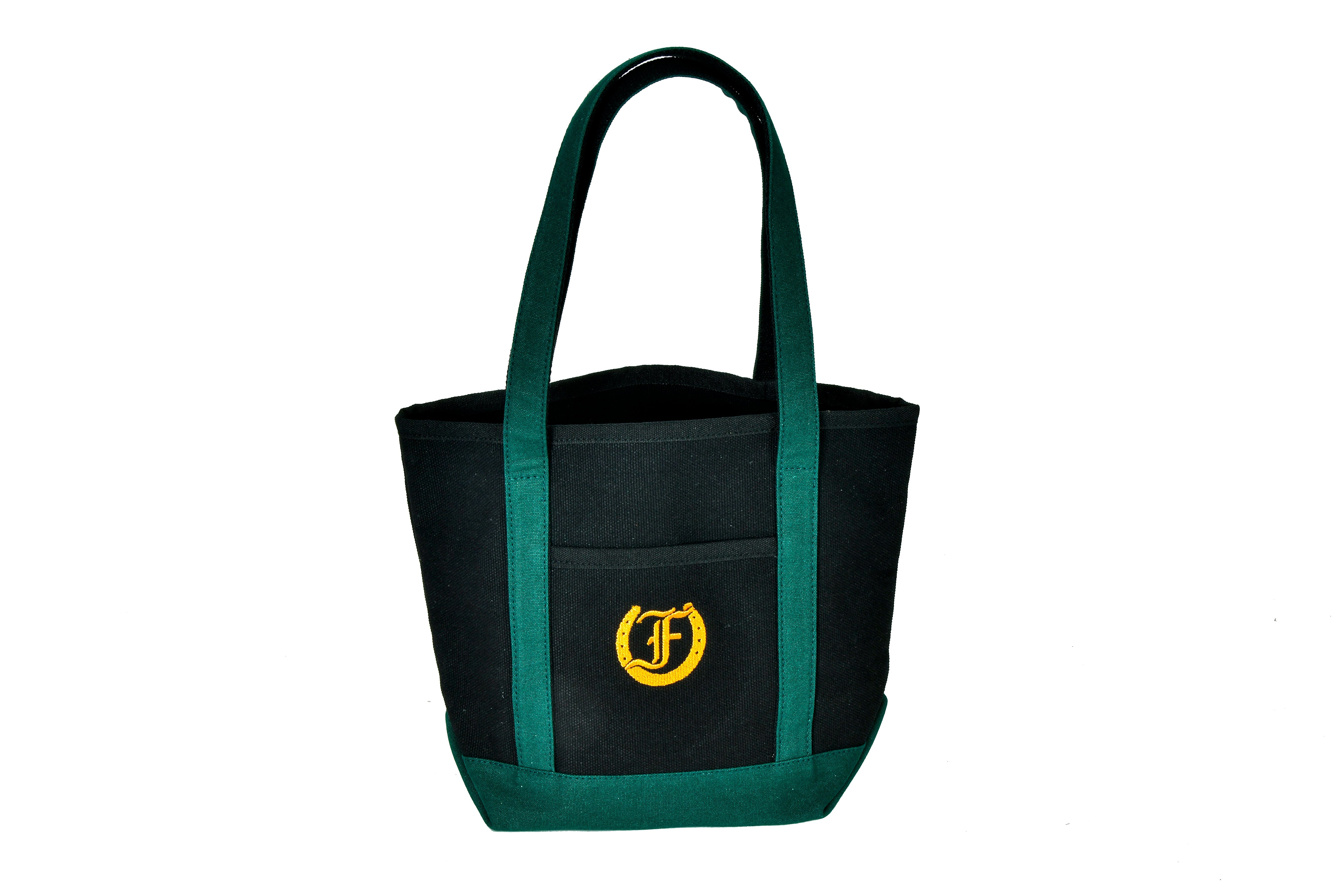 Casual Cotton Tote Bag: Freedman's Fitzroy Small Tote in Black with Green Accents and Gold Logo Embroidery 