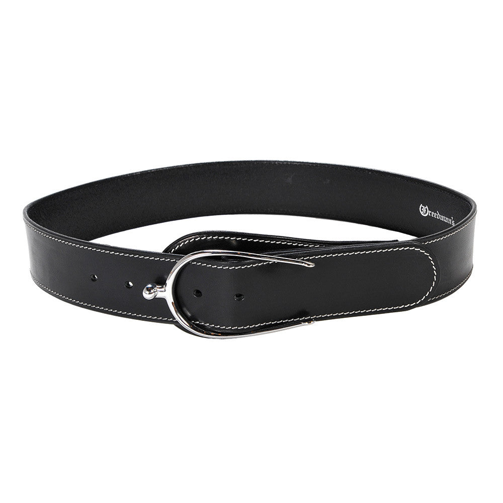 Black leather Spur Belt by Freedman's with chrome spur buckle and white stitching, displayed on a white background.