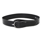 Black leather Spur Belt by Freedman's with chrome spur buckle and white stitching, displayed on a white background.