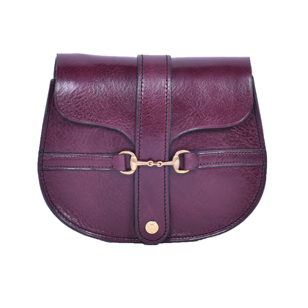 Purple leather Small Snaffle Bit Shoulder Bag by Freedman's with gold snaffle bit hardware, displayed on a white background.


