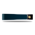  Wide Tapered Patent Leather Browband, glossy navy blue finish, dark leather ends with gold button detail and embossed logo, laid flat on white background, showing smooth surface.