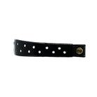 Black Patent Leather Browband with small white dots, wide tapered design, polished brass Freedman logo buttons, and dark leather ends, laid flat.