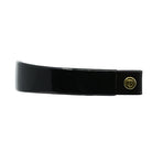  Wide Tapered Patent Leather Browband, glossy Black finish, dark leather ends with gold button detail and embossed logo, laid flat on white background, showing smooth surface.