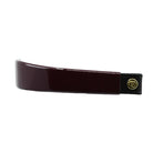  Wide Tapered Patent Leather Browband, glossy Burgundy finish, dark leather ends with gold button detail and embossed logo, laid flat on white background, showing smooth surface.