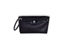 Black Pebble leather Ring Wristlet with patent leather accent and ring detail.