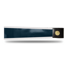 Navy Blue and white patent leather browband, wide tapered design, turned edge, polished brass Freedman logo buttons, laid flat