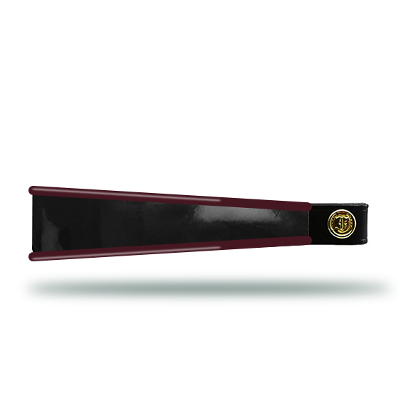 Black patent leather horse browband with turned burgundy edge and gold hardware
