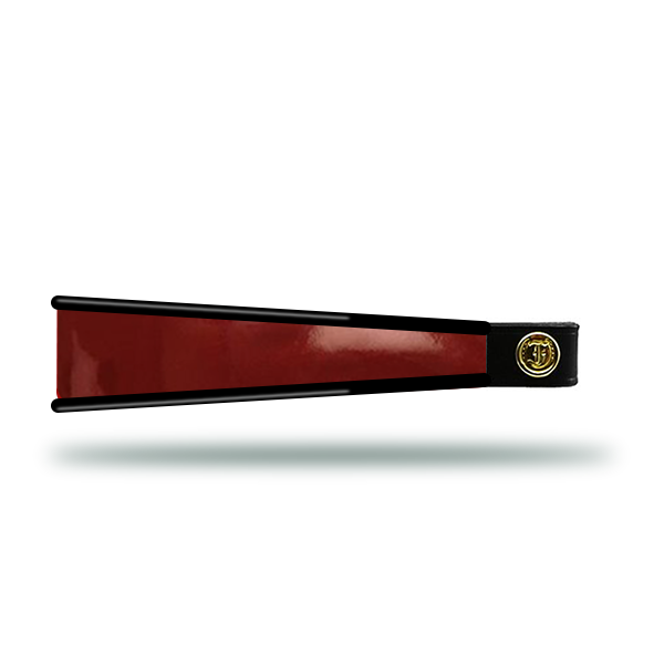 Red patent leather horse browband with turned black edge and gold hardware
