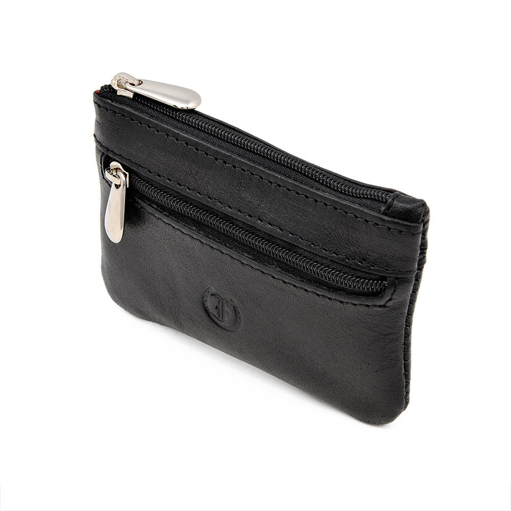 Black leather Small Coin Case by Freedman's with two zipper compartments and silver pulls, displayed on a white background.