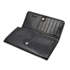 Black leather Ladies Wallet made by Freedman's, showing open view showing interior card slots