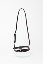reedman's Tapered Show Caveson, black/burgundy turned edge with white dots.