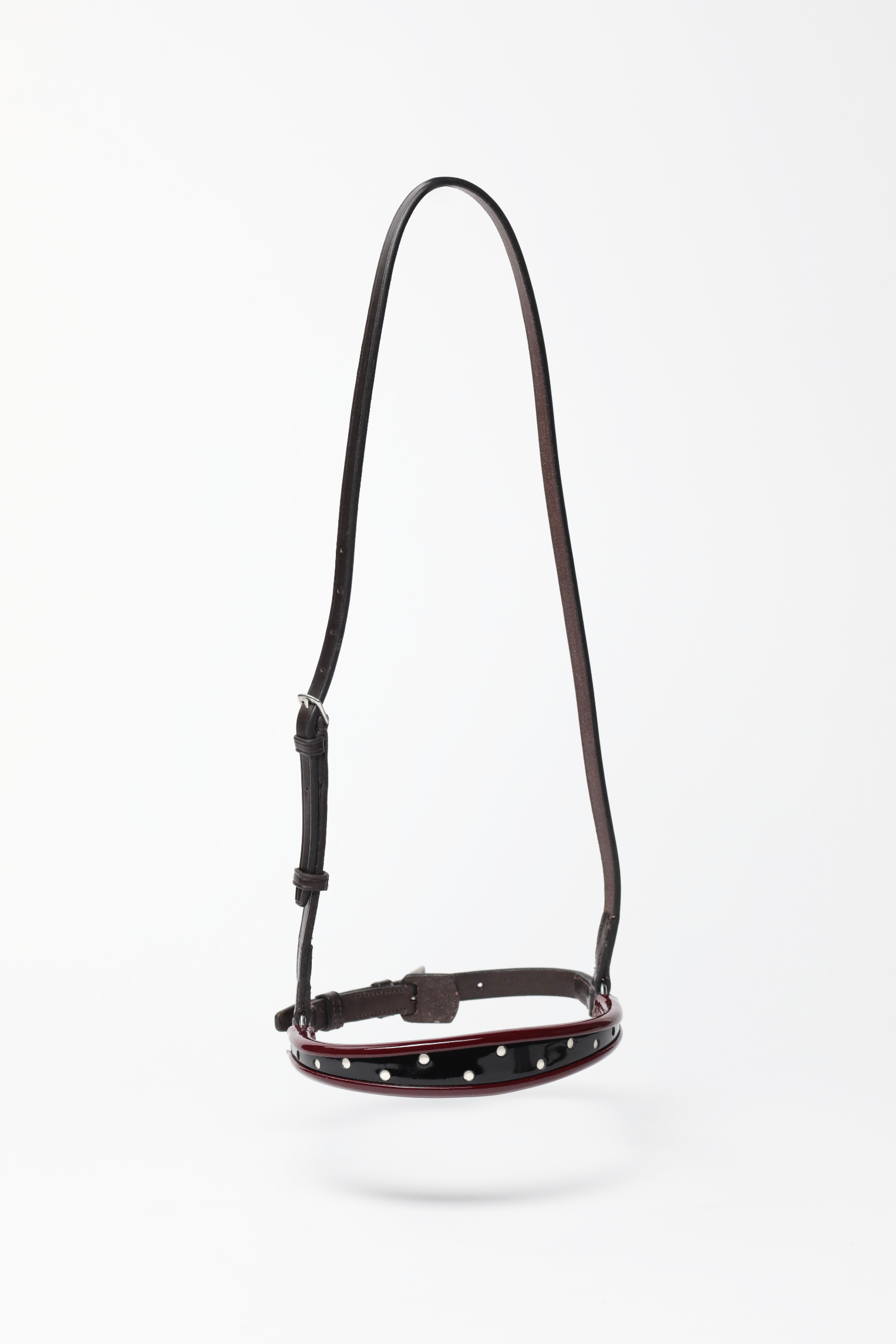 reedman's Tapered Show Caveson, black/burgundy turned edge with white dots.