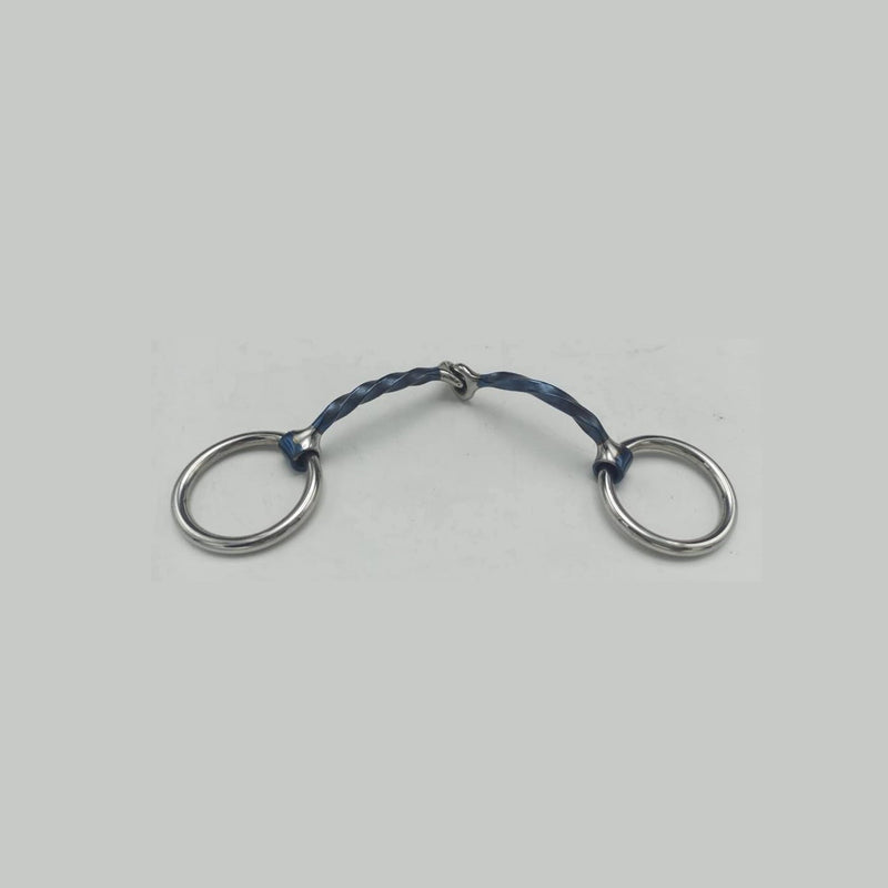 Slow Twist Snaffle Bradoon Bit by Freedman's with silver rings and blue twisted center, displayed on a light grey background.