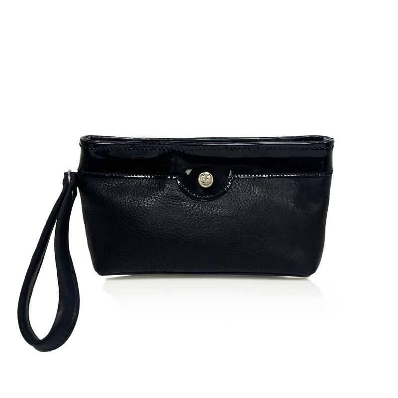 Freedman's black leather wristlet with patent leather accent and logo button closure.