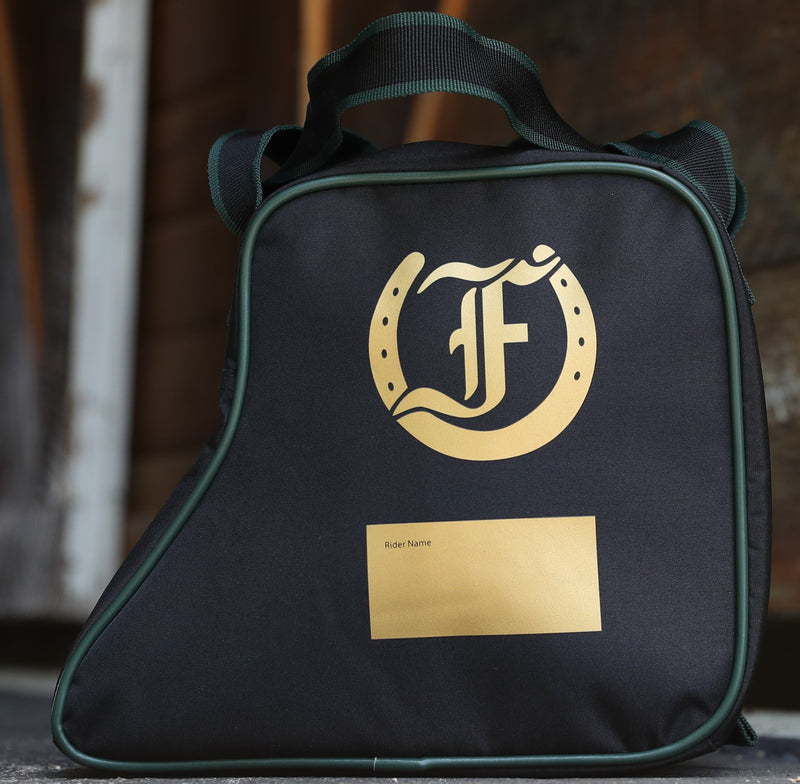 Team Freedman's Jodhpur Boot Bag, black with gold logo and rider name slot.