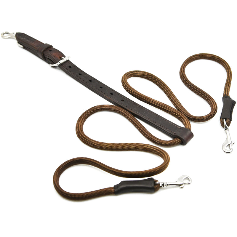 ACTraining Rope Side Check, designed for training horses, made of braided rope with leather straps and adjustable buckles, laid flat on a white background.