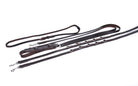 ACTraining 5 Position German Martingale, designed for training horses, made of brown leather with multiple adjustment points, brass hardware, and a braided section, laid flat on a white background.
