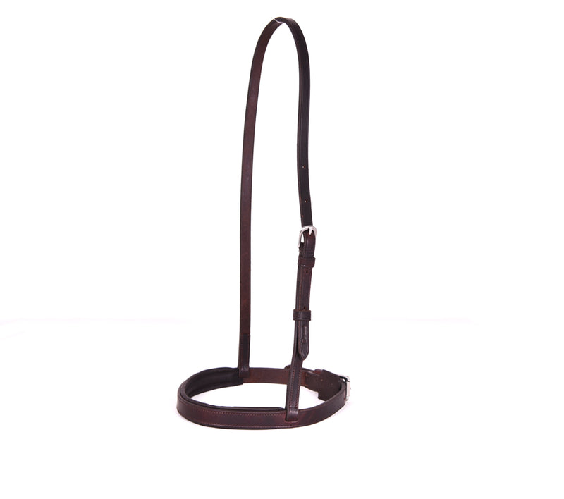 Brown leather padded caveson with buckles, isolated on a white background.