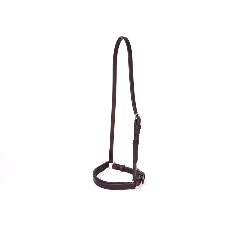 Close-up of an ACTraining Padded Draw Tight Caveson component, showing brown leather construction, buckles, stitching, and padding details, isolated on a white background.