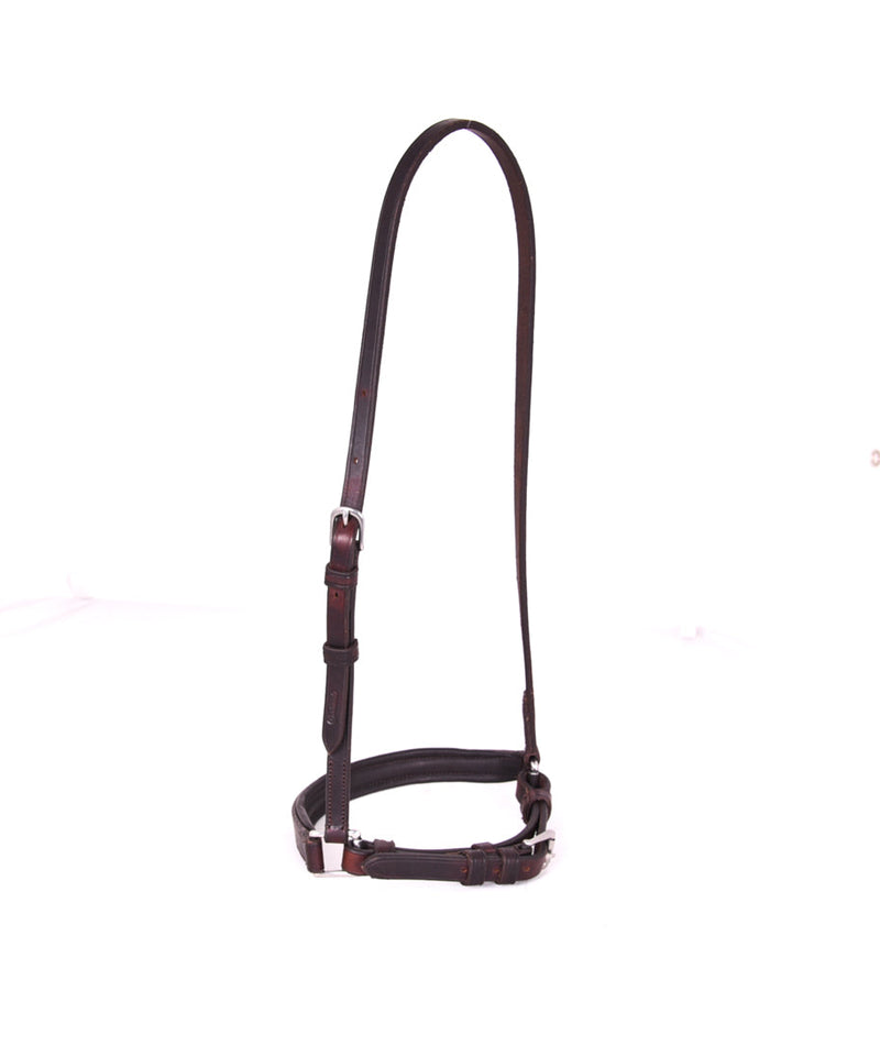 Close-up of an ACTraining Padded Draw Tight Caveson component, showing brown leather construction, buckles, stitching, and padding details, isolated on a white background.