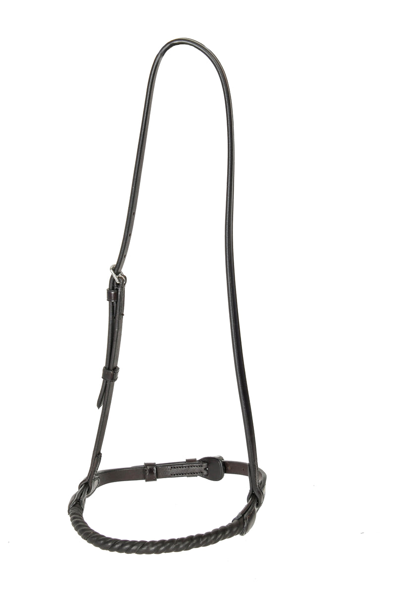 Black rope caveson with adjustable leather straps and buckle, isolated on a white and dark background