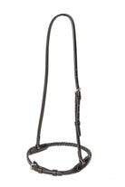 Adjustable Rope Caveson, designed for training horses, made of braided rope with adjustable leather straps and a metal buckle, shown against a split white and dark background.