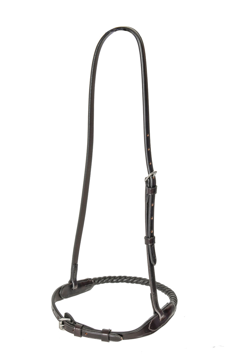 Adjustable Rope Caveson, designed for training horses, made of braided rope with adjustable leather straps and a metal buckle, shown against a split white and dark background.