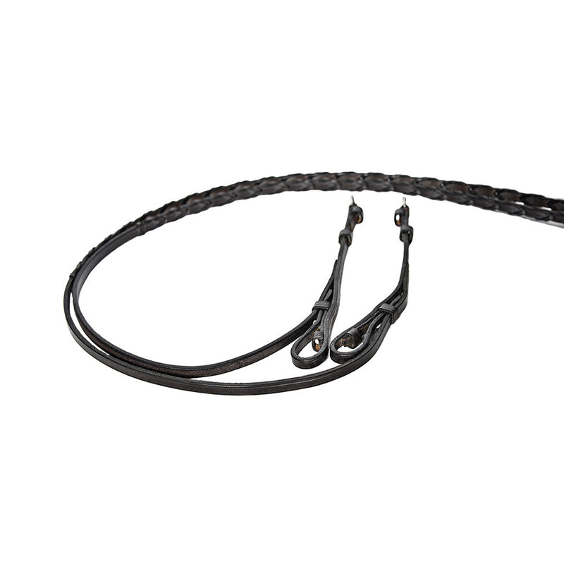 Pair of Advantage False Gag Snaffle Reins in havana brown leather against a white background.